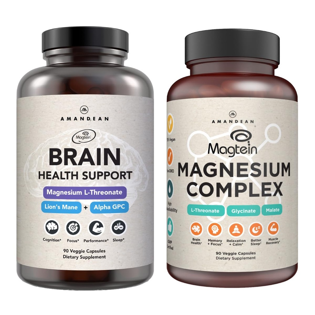 AMANDEAN Premium Brain & Magnesium Bundle: High-Absorption Magnesium L-Threonate, Glycinate & Malate, USA-Grown Organic Lion's Mane 6:1, ו-Alpha-GPC. תמיכה בבריאות קוגניטיבית, מיקוד ושינה