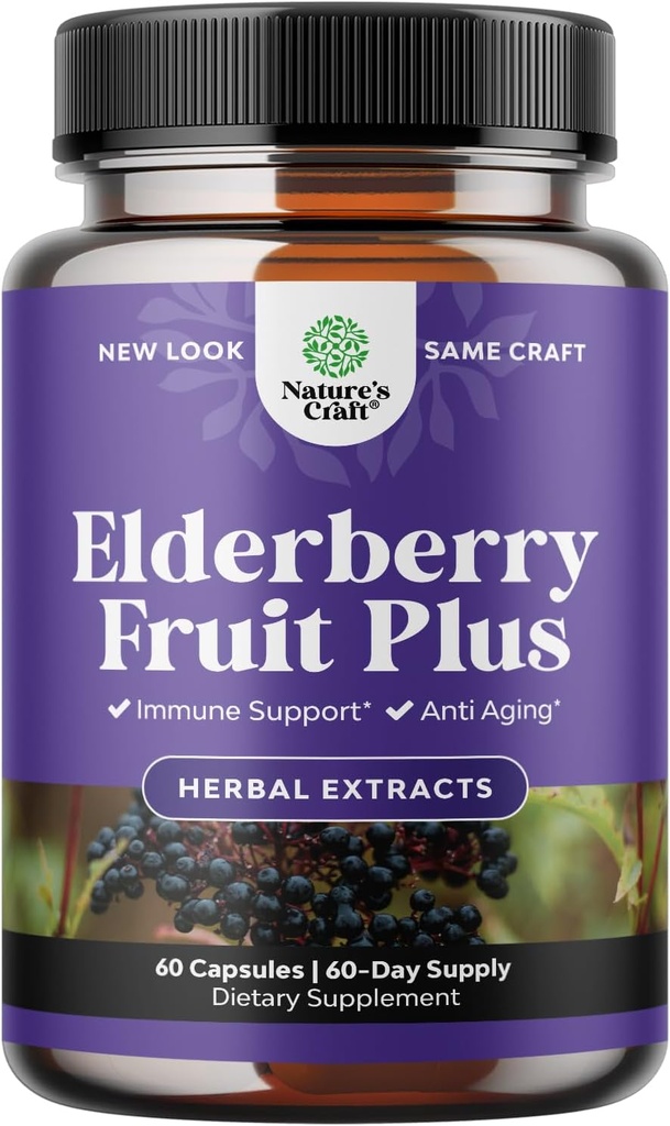 Black Elderberry קפסולות Antioxidant תוסף - Elderberry Immune תומך העור תוסף עם ויטמין עור ו- Sambucus Extract - Immune System Support
