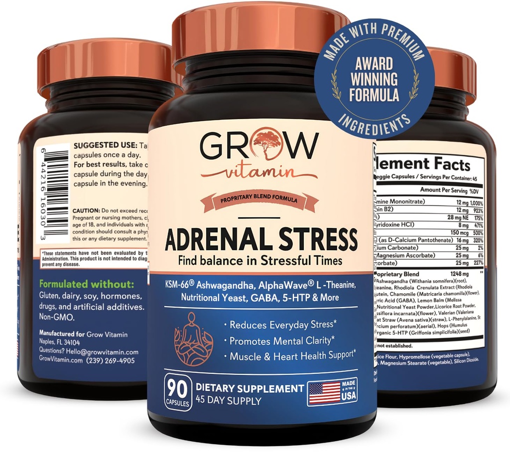 גדל ויטמין Adrenal Stress מתקדם פורמולה, אורגני KSM-66 Ashwagandha עם AlphaWave L-theanine, 5-HTP, Magnesium Bell - Everyday Stress Relief, Mood Support, Cognitive, Brain Health, 90 קפסולות