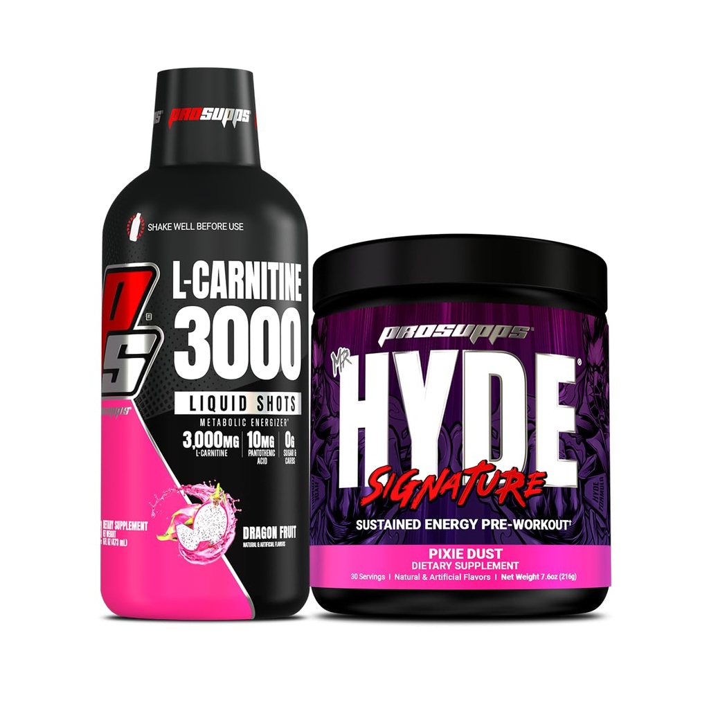 ProSUPPS L-Carnitine 3000 Stimulant Free Shots (31 משרתים, Dragon Fruit) ומר הייד חתימה סדרת Pre-Workout אנרגיה אבקת משקה (30 משרתים, Pixie Dust) Bundle