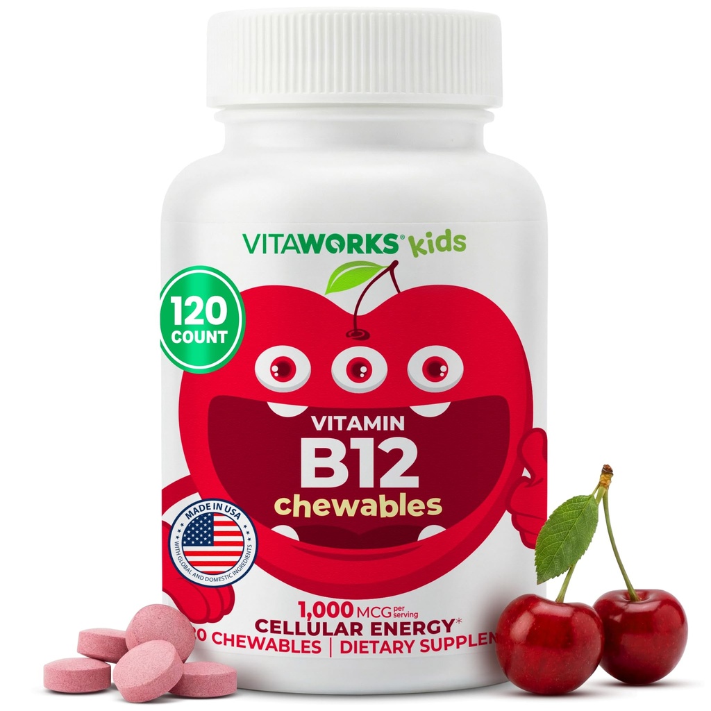 ילדים ויטמין B12 1000 mcg Chewable Tablets - Tasty Natural Cherry Flavor - טבעוני, GMO-Free, Gluten חינם, Nut חינם - תוספת תזונתית - ויטמינים סלולריים לילדים - 120 צ'כוסים
