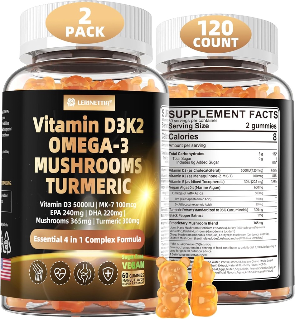 ויטמין D3 5000iu(125mcg) + ויטמין K2(MK7)mies עם Algae אומגה 3 | ויטמין כוח מקסימלי D3+K2 | עבור עצמות, שיניים, אנרגיה, Immune, Calcium Absorption - סוכר חינם, 120Ctt