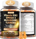 ויטמין D3 5000iu(125mcg) + ויטמין K2(MK7)mies עם Algae אומגה 3 | ויטמין כוח מקסימלי D3+K2 | עבור עצמות, שיניים, אנרגיה, Immune, Calcium Absorption - סוכר חינם, 120Ctt