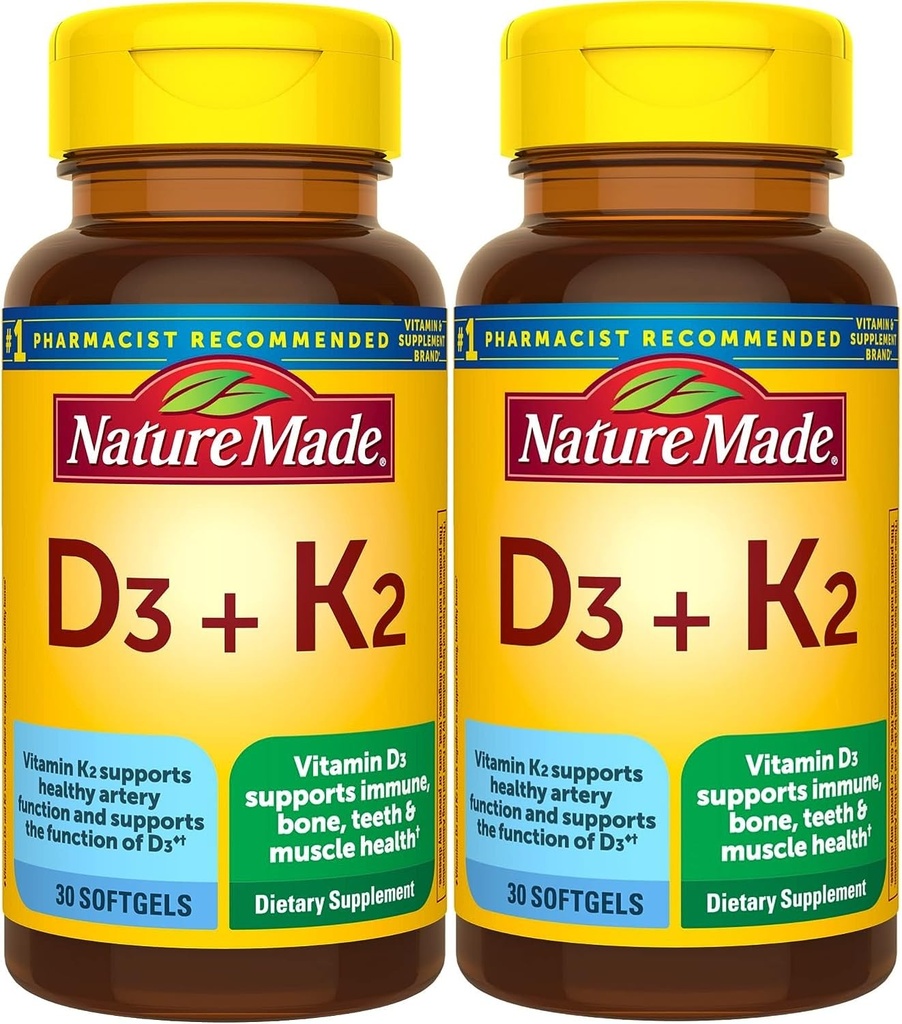 הטבע עשה ויטמין D3 K2, 5000 IU (125 mcg) ויטמין D, תוספת תזונתית עבור העצם, שיניים, שריר ותמיכה בריאות החיסון, 30 Softgels, 30 יום אספקה - חבילה של 2