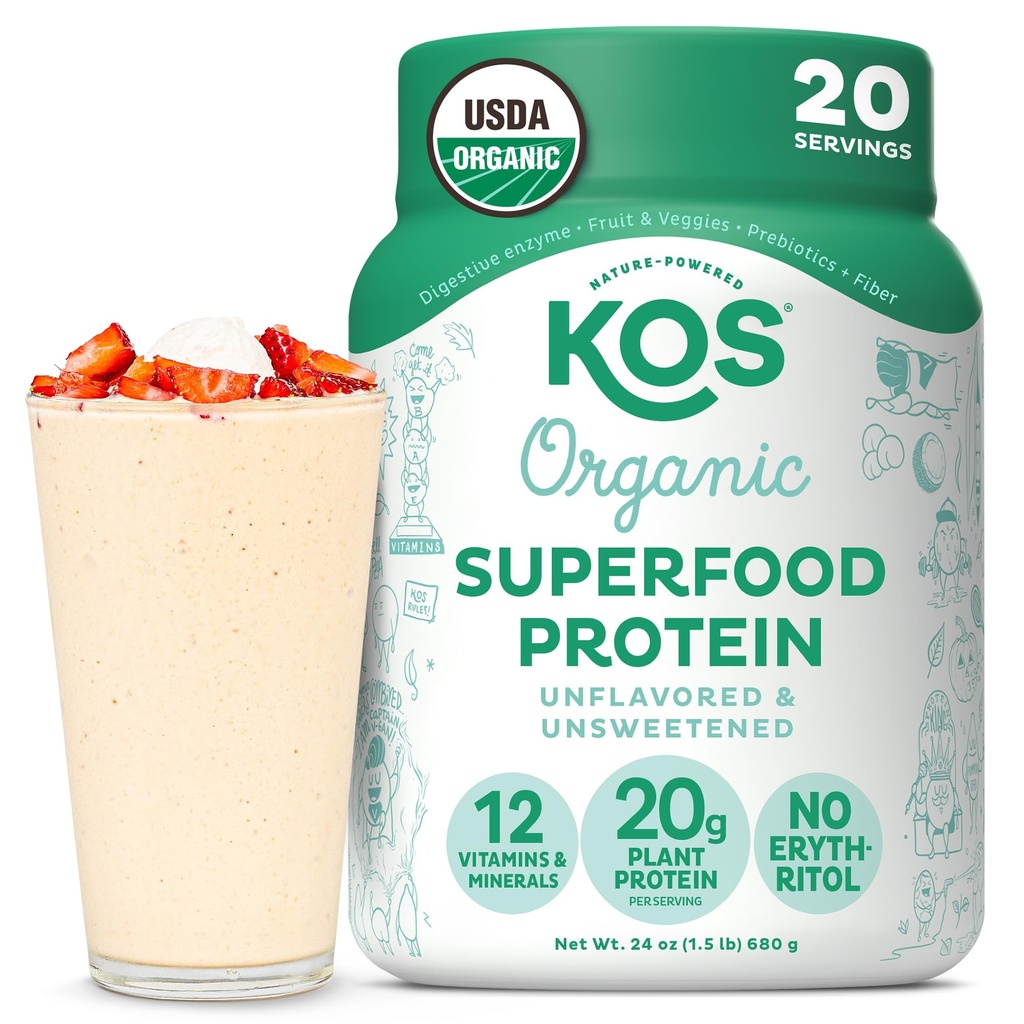 אבקת חלבון טבעוני KOS, Unflavored & Un Sweetated - Low Carb Pea חלבון בלגן, אורגני Superfood עשיר בוויטמינים ומינרלים - Keto, Soy, Free - החלפת Meal עבור נשים וגברים - 20 משרתים