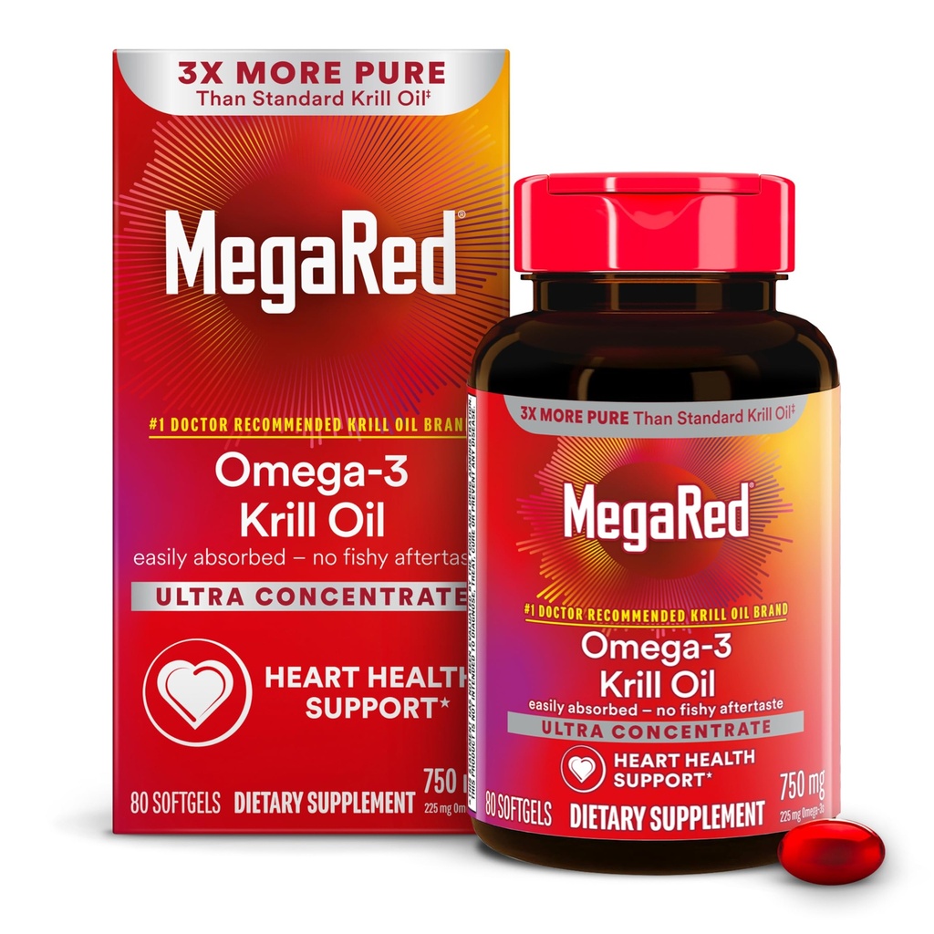 MegaRed Antarctic Krill Oil 750mg, Omega 3 Fatty Acid Supplement, Ultra Concentrate EPA & DHA Softgels, Antioxidant Astaxanthin, Heart Health Supplement with No Fish Oil Aftertaste, 80ct