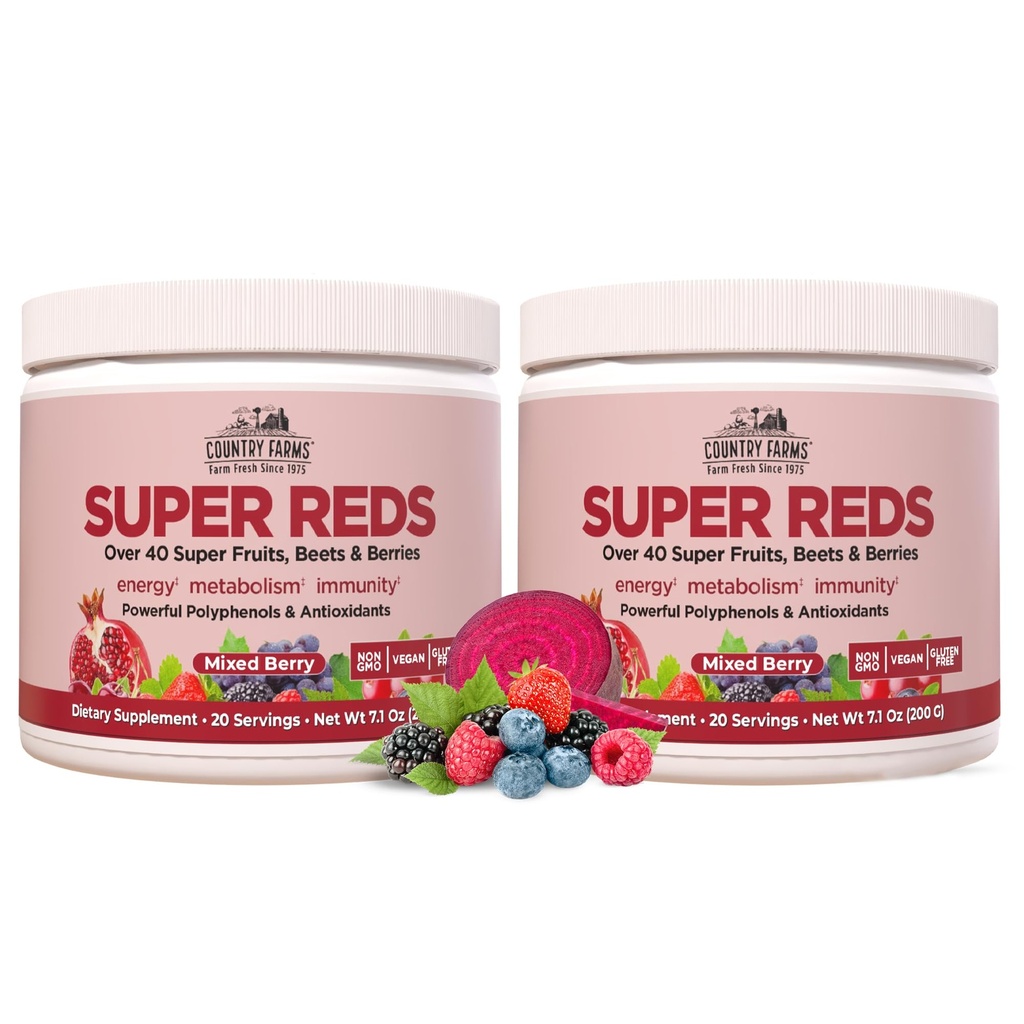 COUNATE FARMS Super Reds, Energyzing Polyphenol Superfood, מעל 40 פירות סופר וברדס, אנטיקסידנטים חזקים ופוליפנולים, תומך באנרגיה, תומך ב Circulation, 40 משרתים, ברי מעורב