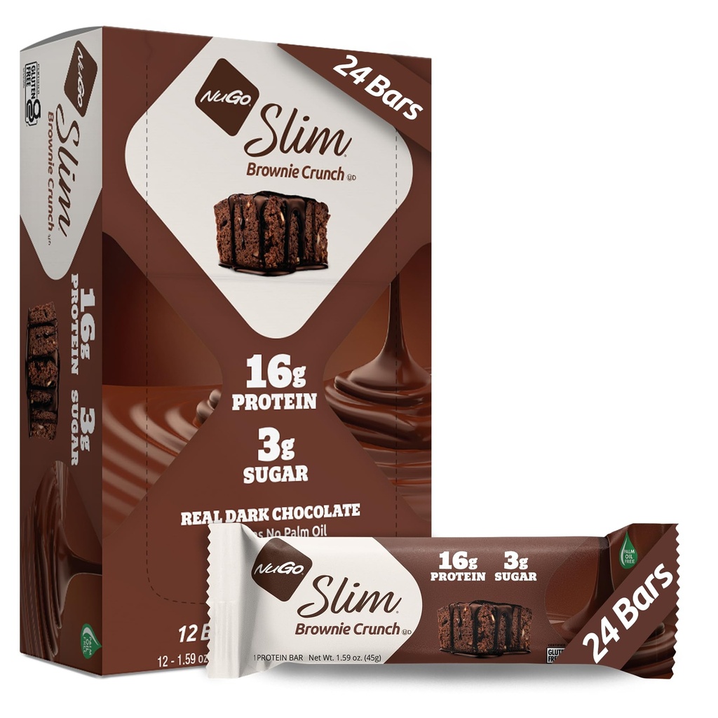 Nugo Slim שוקולד כהה Brownie Crunch, חלבון 16g, 2g סוכר, 7g סיבים, נמוך Net Carb, Keto Friendly, Gluten Free, 24 Count