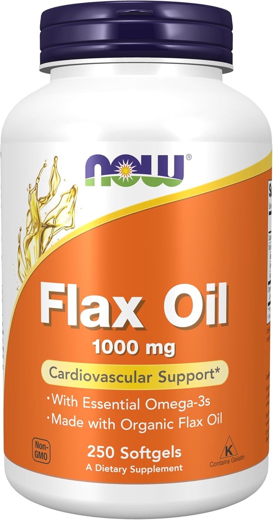 תוספי מזון עכשיו, Flax שמן 1000 מ"ג שנעשו עם שמן פלאקס אורגני, Cardiovascular Support *, 250 Softgels