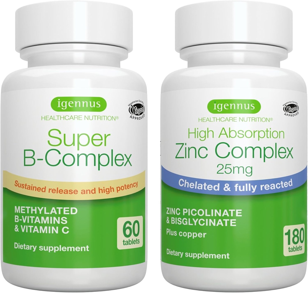 Super B-Complex + Zinc Complex Vegan Bundle, Methylated Sustained לשחרר B Complex + 25 מ"ג Chelated Zinc Picolinate & Bisglycinate עם Copper, על ידי Igennussss