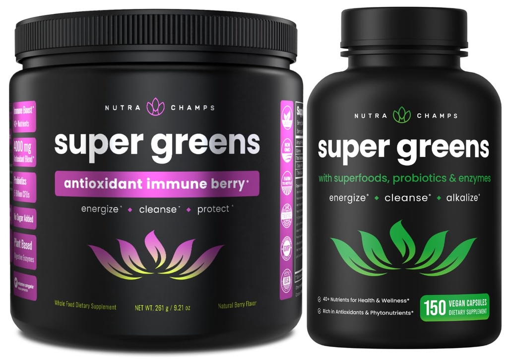 NutraChamps Super Greens Antioxidant אבקה & Super Greens כמוסות