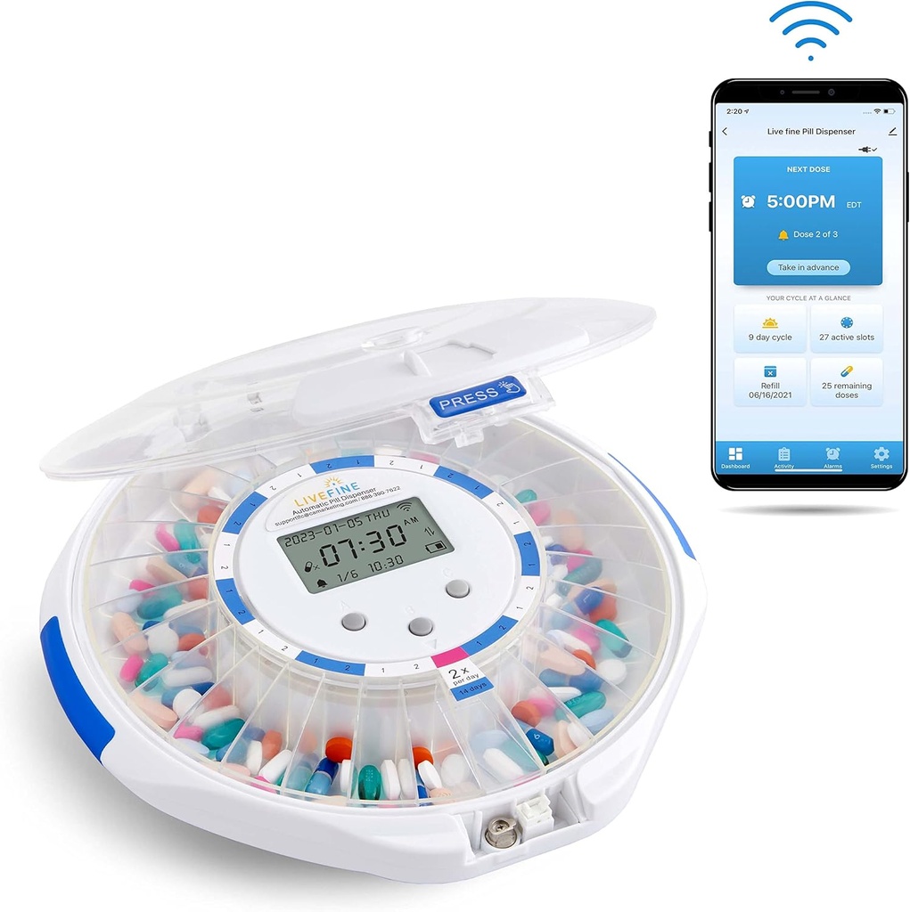 Live Smart WiFi אוטומטי גלולות Dispenser Clear Lid | 28-Day תרופות מארגנת עד 9 Doses Per Day for Care Monitoring with Lock Key, Light/Sounds for Prescriptions & ויטמינים