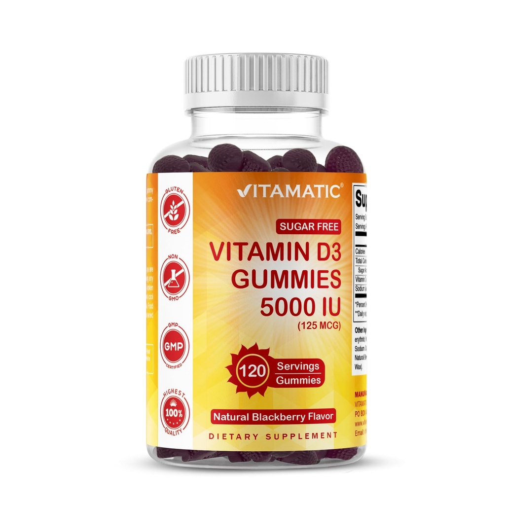 Vitamatic Sugar חינם ויטמין D3 5000 IU - 120 מסטיקים - טעם גדול - עצמות בריאות, Mood & Immune System Function - Non-GMO - 120 משרתות (5000 IU)