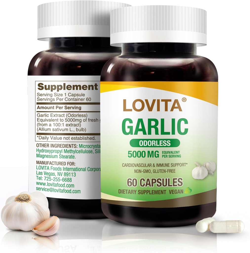 Lovita Odorless Garlic כמוסות, 5000 מ"ג טרי Garlic Equivalent, 1.25% Allicin Extract, תומך הלב, לחץ דם, כולסטרול מערכת החיסון, Non-GMO, Gluten-Free, 60 קפסולות טבעוניות