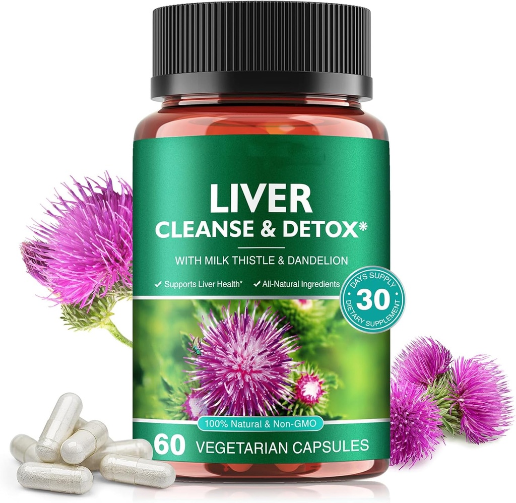 Liver Cleanse & Detox Pills for Liver Health Fix - with Milk Thistle Extract, Dandelion Root, ג'ינג'ר, Beetrootאבק & ויטמינים - תמיכה טבעית Liver, 60 קפסולות טבעוניות