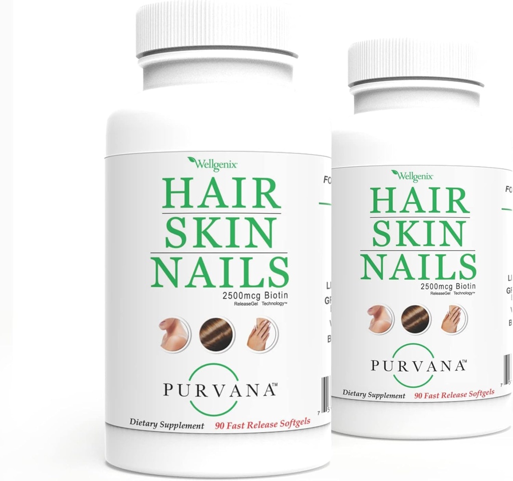 Wellgenix Purvana שיער, עור, וציפורני ויטמין Softgels עבור Absorption גבוהה - כוח כפול 2,500mcg Biotin, VIT A & B (90 Count) 2 Pack