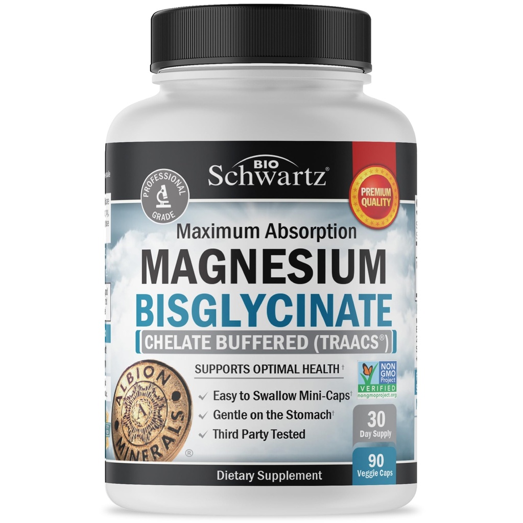 Magnesium Bisglycinate 100% Chelate No-Laxative Effect - מקסימום Absorption & Bioavailability, Fully Reacted & Buffered - אנרגיה בריאה שריר העצם ותמיכה משותפת - פרויקט Non-GMO מאומת - 90 ct ct.