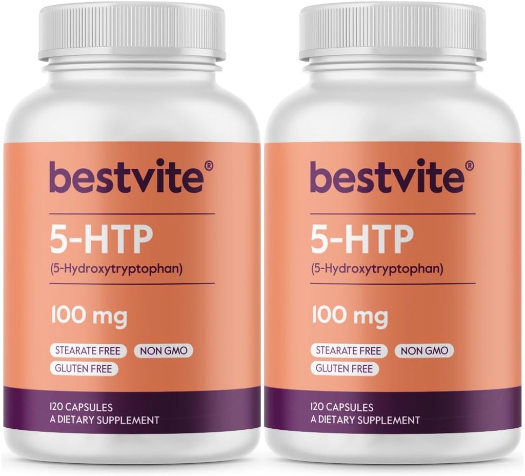 BestVITE 5HTP 100 מ"ג (240 קפסולות) (120 x 2) - No Stearates - No Flow Agents - Non GMO - Gluten Freeten
