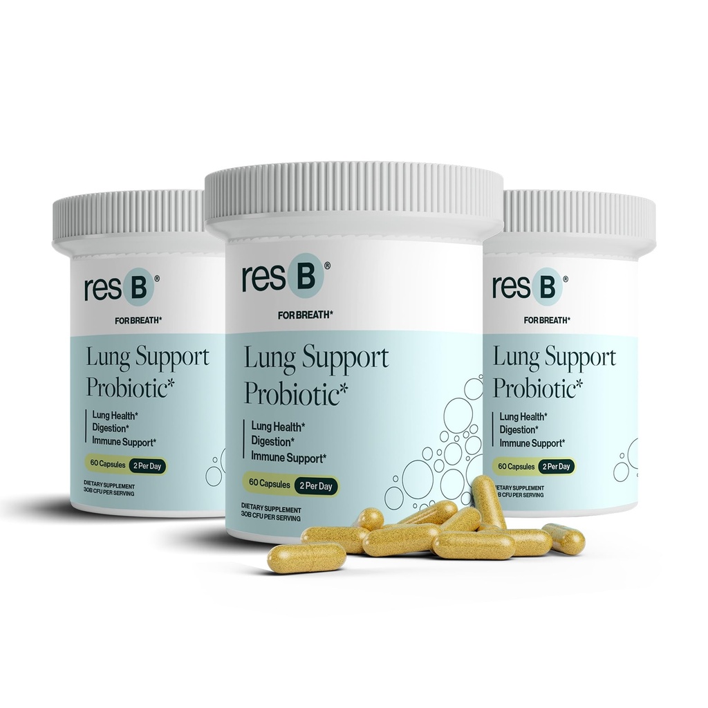 Resbiotic ResB Lung תמיכה Probiotic תוסף בריאות Lung for Smokeers, Gut Health, Immune Support, Respiratory Care, Holyזיל, Turmeric, Clinically Trialed - 180 קפסולות (3 בקבוקים)
