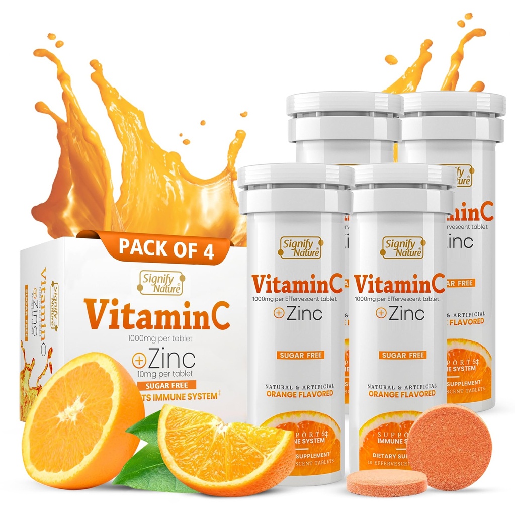 SIGNIFY NATURE ויטמין C 1000 מ"ג Effervescent Tablets - תמיכה בשומן VIT C עם תוסף Znc - Sugar-Free & Vegan Formula | Dissolvable ויטמין C Tablet - Water Soluble Fizzy Elixir - 40CT