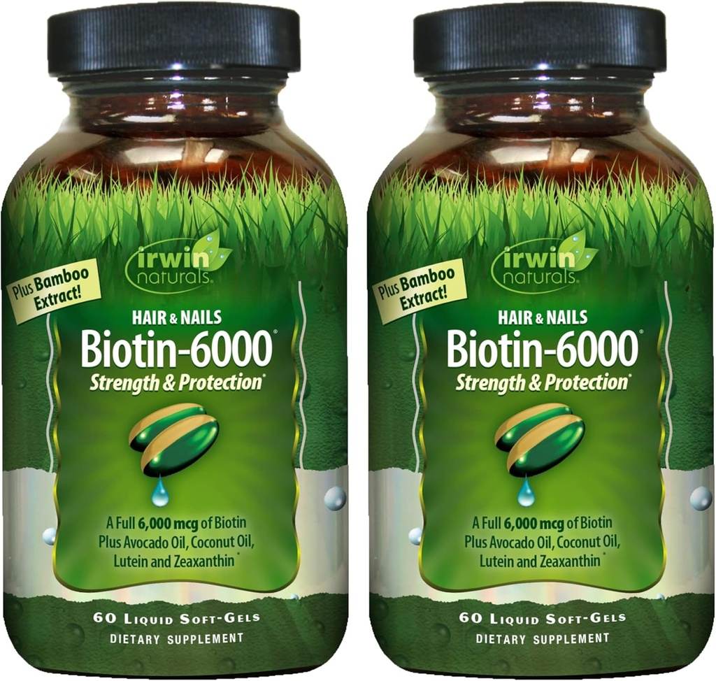 Irwin Naturals Biotin-6000-60 נוזל Soft-Gels, Pack of 2 - תומך בחוזק והגנה על שיער וציפורים - עם שמן אבוקדו, שמן קוקוס, Lutein & Zeaxanthin - 60 המשרתות הכוללות