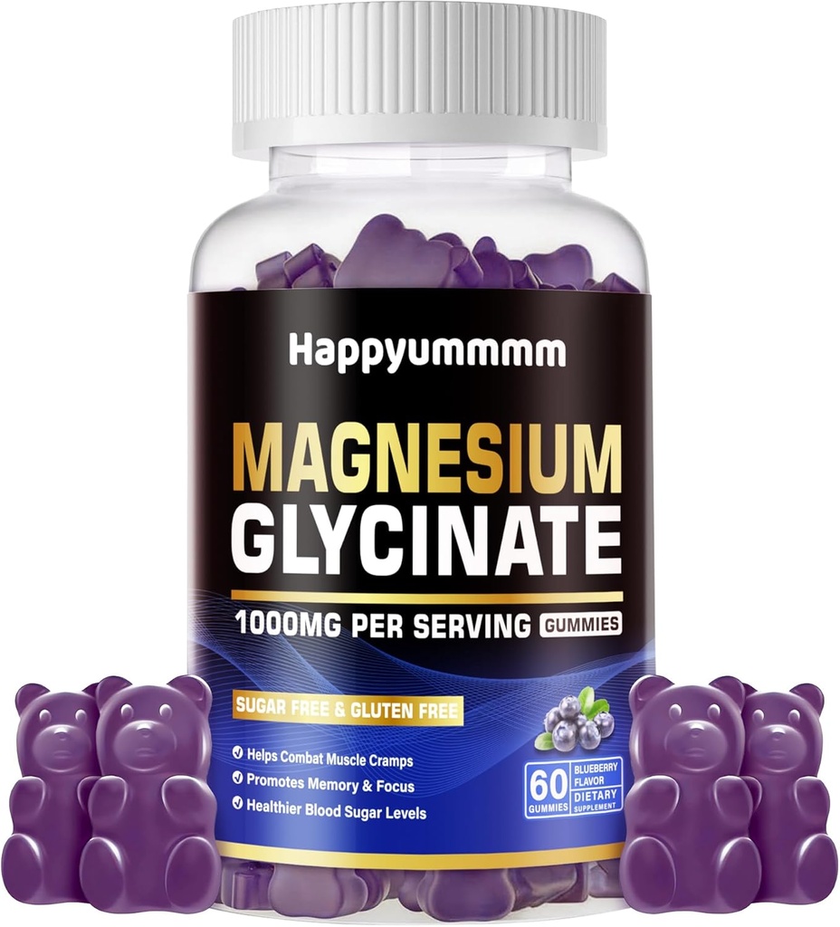 Magnesium Glycinate Gummies 1000 מ"ג - סוכר חינם Magnesium Potassium תוספת עם ויטמין D, B6, CoQ10 עבור Calm Mood & Sleep Support - 60 חניכיים Blueberry