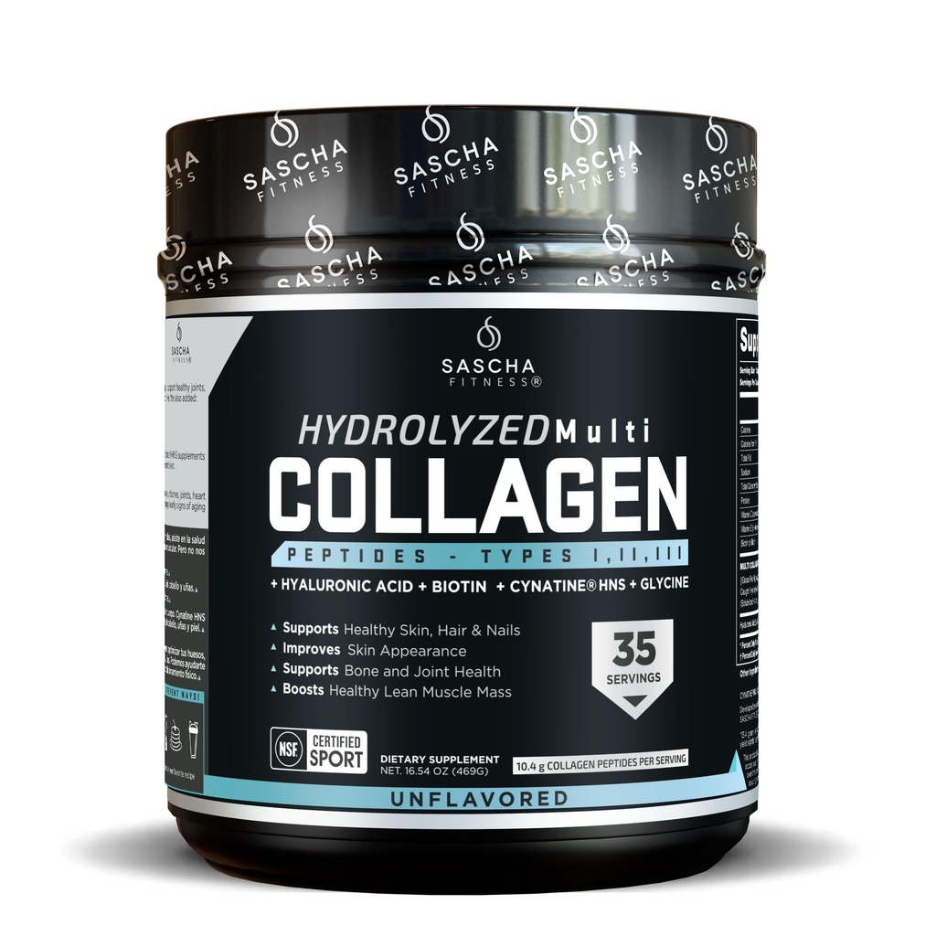 SASCHA FITNESS Hydrolyzed Multi Collagen Peptides Tipes 1,2 & 3 |Hyaluronic Acid|Biotin |Cynatine HSN|Vitamin C & E |for Hairs, Skin & Bone Support| Unflavored