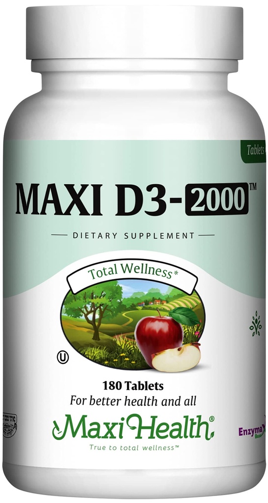 Maxi בריאות כשר ויטמין D3 2000IU - תוספי ויטמין D גבוהים עבור תגובה חיסונית בריאה, Calcium Absorption, שיניים בריאות העצם - D3 2000 IU -180 טבליות