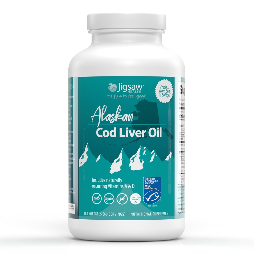 Jgsaw Health אלסקהn Cod Liver שמן | 900 מ"ג אומגה 3s עם EPA, DHA ו- DPA | כולל באופן טבעי ויטמין A & D | 180 Softgels