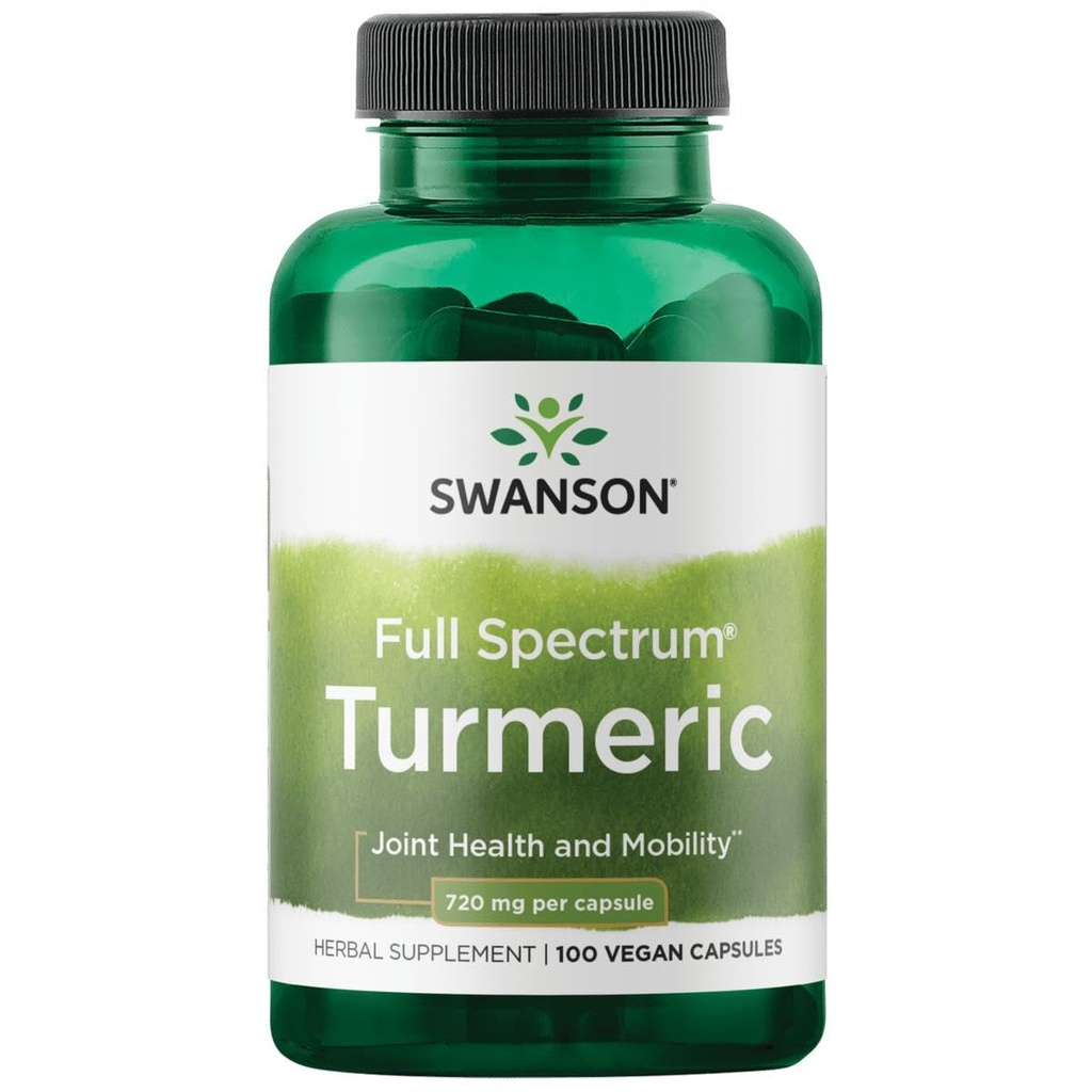 Swanson Full Spectrum Turmeric - תוסף צמחי התומכים בבריאות משותפת ובניידות - פורמולה טבעית התומכים בבריאות העיכול - (100 קפסולות, 720 מ"ג כל)