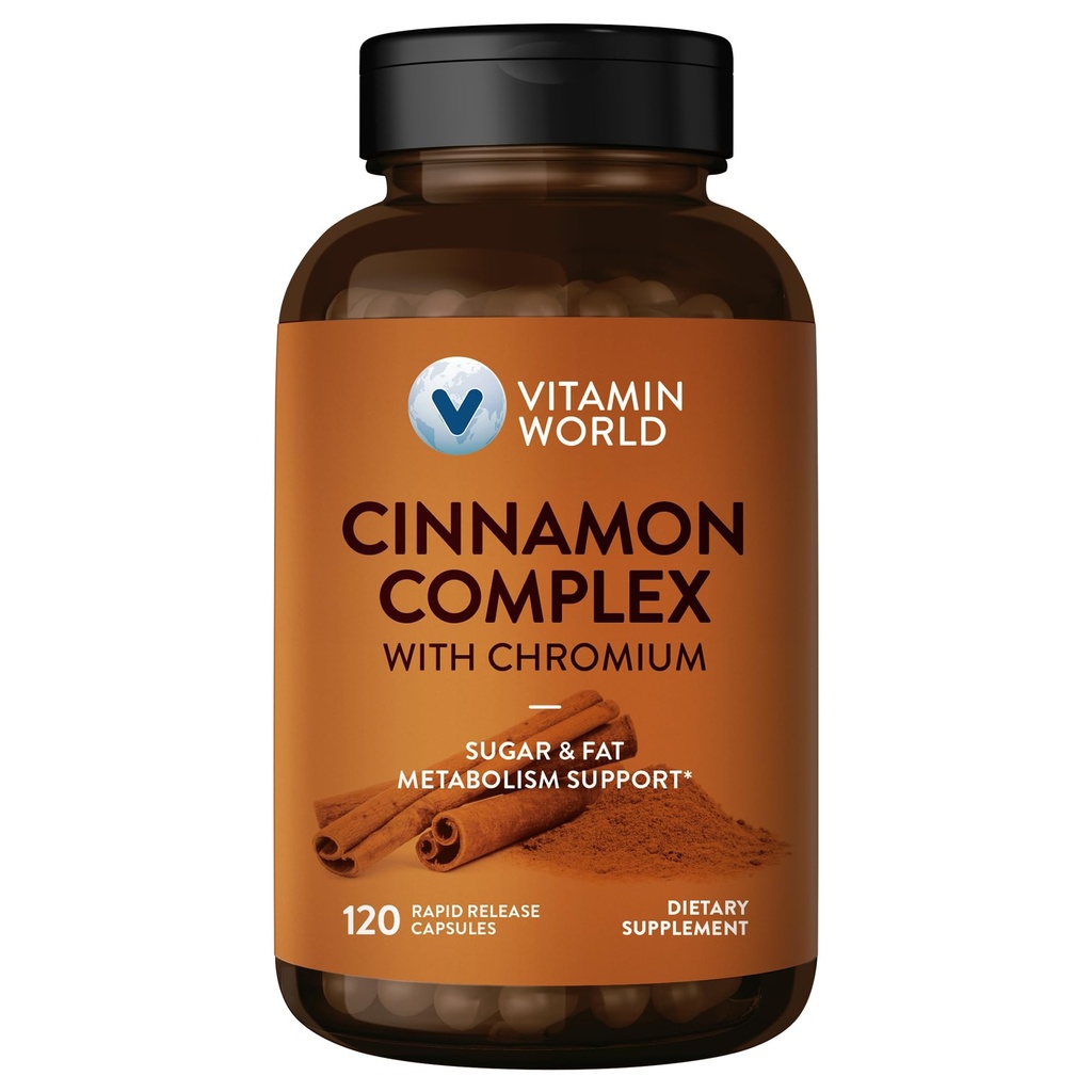 ויטמין World Cinnamon Complex with Chromium, 1000 מ"ג Cinnamon תוספי מזון עם High-Potency Chromi for Healthy Metabolism & Antioxidant Protection, 120 קפסולות, 2 חודשים אספקה, Gluten Freeten