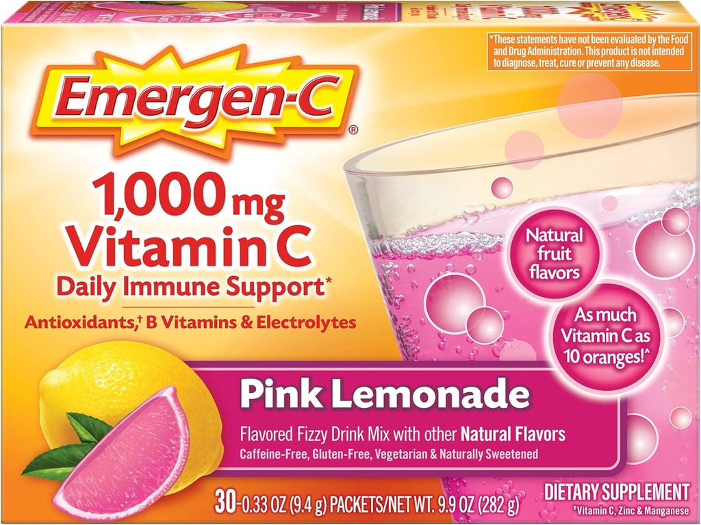 אקסן-C 1000 מ"ג ויטמין C אבקה, עם Antioxidants, B ויטמינים ואלקטרוליטים, תוספי Immunity לתמיכה ב- Immune, Caffeine Free Fizzy Drink Mix Mix, פינק Lemonadeor - 30 Count (Pack of 12)