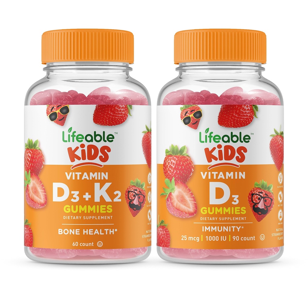 ויטמין D3 + ויטמין K2 ילדים + ויטמין D ילדים, חניכיים Bundle - גדול Tasting, ויטמין תוסף, Gluten Free, GMO חינם, Chewable Gummy