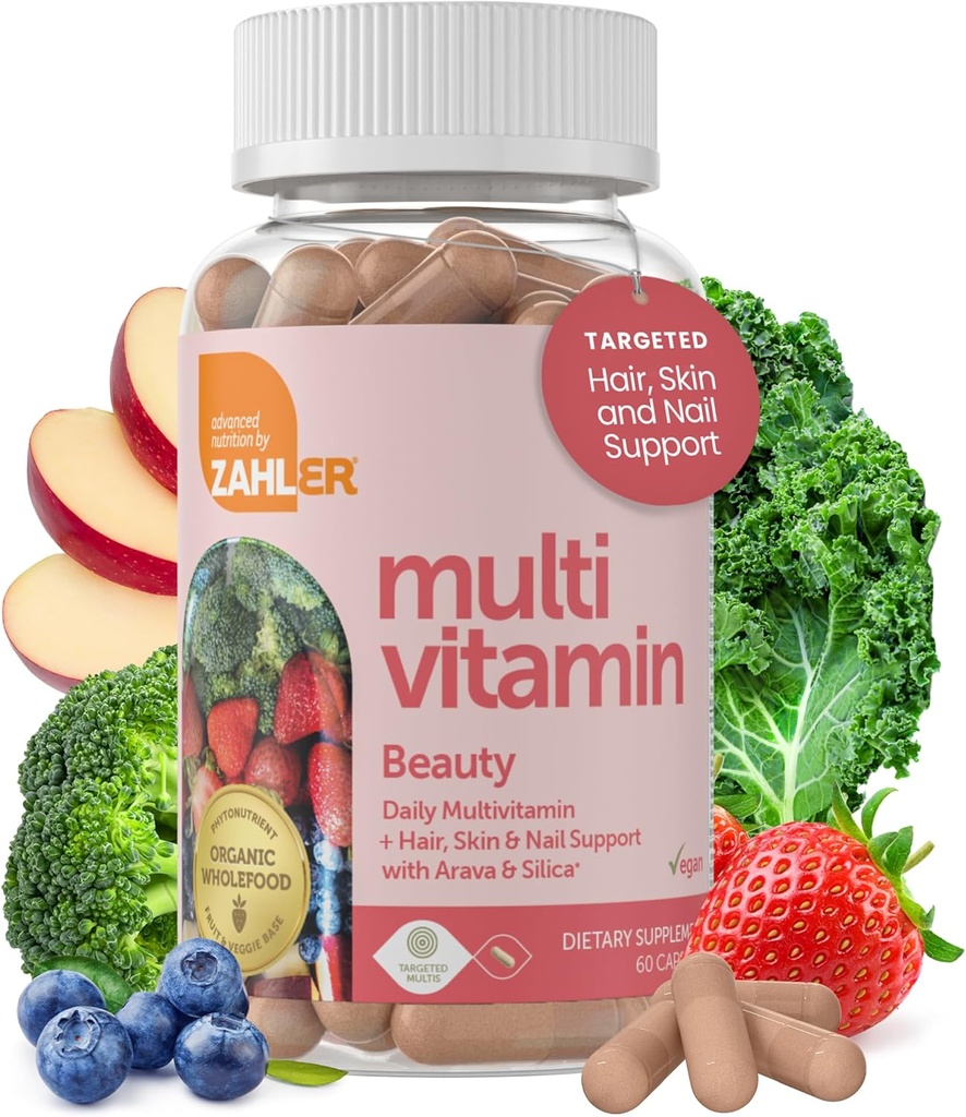 Zahler Multivitamin Beauty, Daily Multivitamin +Skin Hair and Nails תמיכה, עבור נשים וגברים עם ברזל, כשר מוסמך, 60 קפסולות
