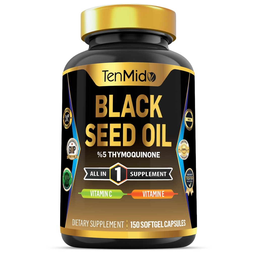 Black Seed Oil קפסולות תוספת - 4in1 פורמולה - בשילוב עם ויטמין C, ויטמין E - בריאות עיכול, תמיכה במזל - עשיר במזונות - 150 קפסולות Softgel