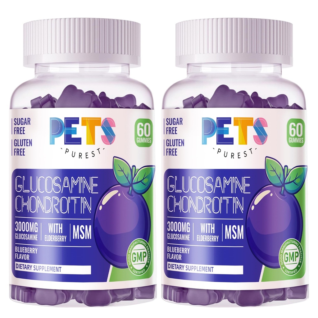 חיות מחמד Purest Glucosamine Chondroitin חניכיים עם MSM & Elderberry כוח נוסף - תמיכה משותפת, תמיכה אנטי-חמצן תמיכה תוספת למבוגרים, גברים ונשים.(2 Pack) Blueberry
