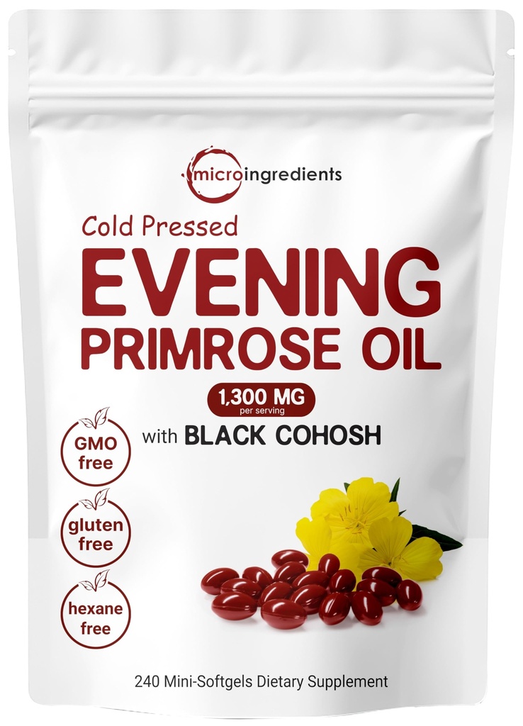 Micro Ingredients Evening Primrose Oil 1300 מ"ג, 240 Softgels | משופר עם 40 מ"ג Black Cohosh Extracted - 10% Active GLA, Non-GMO, No Gluten, Easy to Swallow