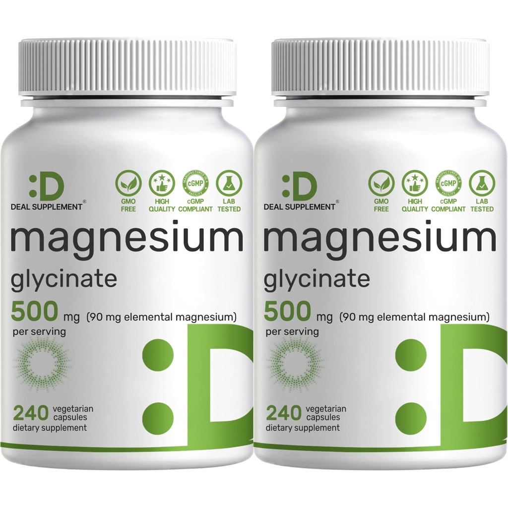 2 Pack Magnesium Glycinate 500 מ"ג, 480 Veggie קפסולות | 100% Chelated for Easy Absorption