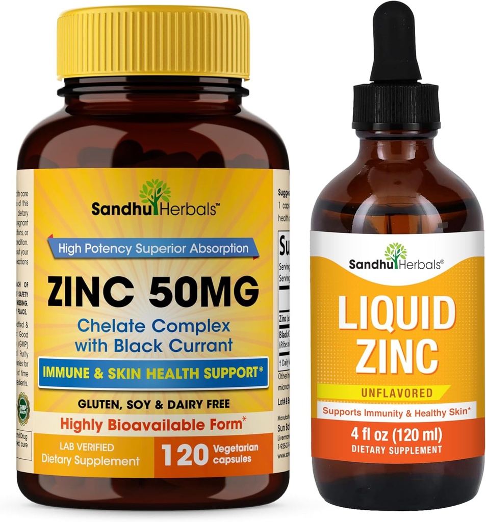 SANDHUHERBALS Zinc 50 מ"ג קפסולות Bundle עם נוזל Znc טיפות | תמיכה Immune & Skin Health