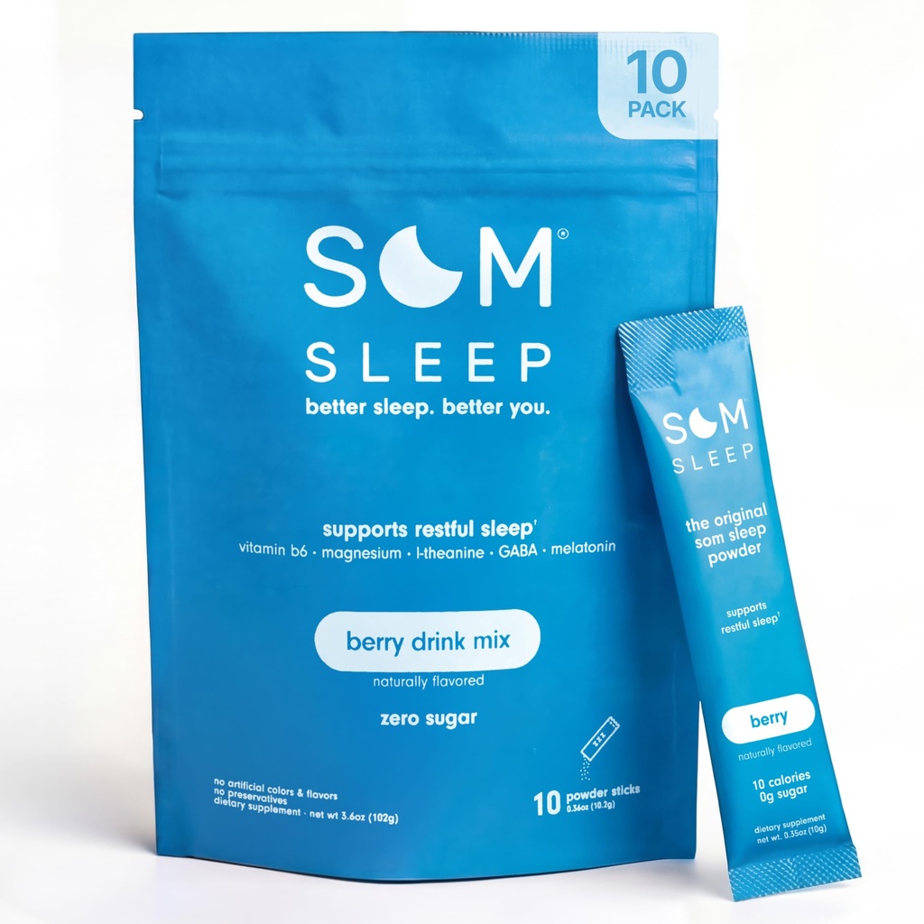 Som Sleep, Calm Sleep אבקת לשתות Mix, 3mg Melatonin, Magnesium, ויטמין B6, L-theanine & GABA - טבעוני, Zero Sugar, Keto Friendly - ברי, 10Pack