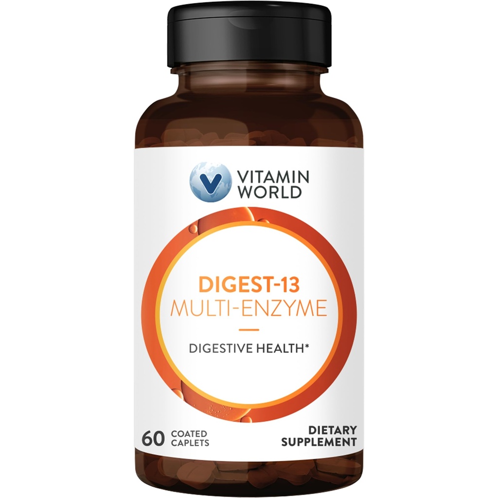 ויטמין World Digest-13 Multi-Enzyme, 1010mg Enzy בלנדר עם Amylase, Bromelain, Papain & Lipase for Digest and Absorption, Enzymes for Bloating & Gas, 60 Caplets