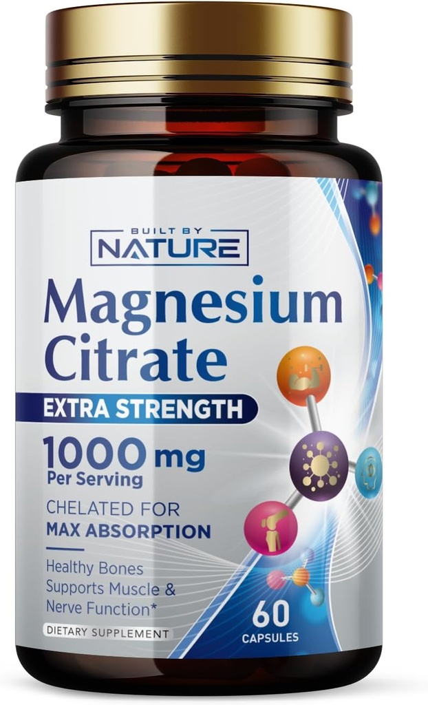 Magnesium Citrate 1000 מ"ג - Max Absorption & High Potency Magnesium Complex Supplement for Heart, שריר, Nerve, Bone Health & Stress Relief - Non-GMO, Gluten-Free - 60 קפסולות טבעוניות