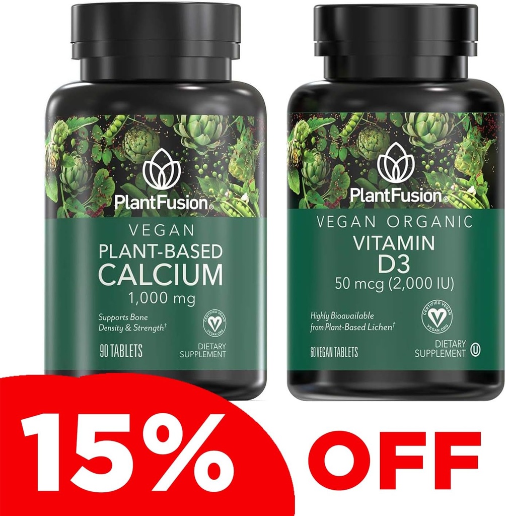PlantFusion Vegan Calcium & D3 Bundle - Premium Plant Based Calcium 1000 מ"ג ו- D3 2000IU תוספי צמיחה העצם, דחיינות, וחוזקה & Immune Support