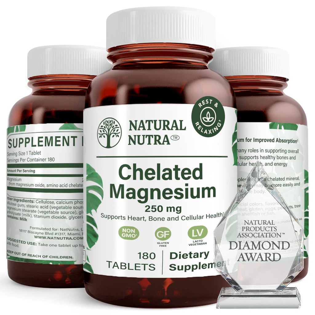 טבעי Nutra Chelated Magnesium Oxide 250 מ"ג - High Absorption for Strong Bones, Heart Health, Dental Health, Energy Boost, Gluten-Free, non-GMO, 180 טבליות ב- BPA-Free Recyclable Glass Bottles
