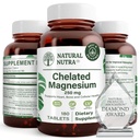 טבעי Nutra Chelated Magnesium Oxide 250 מ"ג - High Absorption for Strong Bones, Heart Health, Dental Health, Energy Boost, Gluten-Free, non-GMO, 180 טבליות ב- BPA-Free Recyclable Glass Bottles