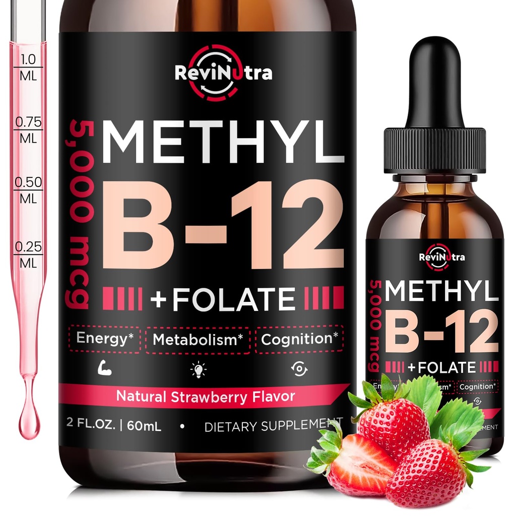 ויטמין B12 נוזל טיפות, B12 ויטמינים 5000 mcg, ויטמין B מורכב תוספת עם Methylcobalamin B12 sublingual, ויטמין B6, Folate for Energy, Brain, Heart Health, Vegan Strawberry Flavor 2 Fl Ozezlamin B12 sublingual, ויטמין B6, Folate for Energy, Brain, Heart Health, Vegan Strawberry Flavor 2 Fl Oz Ozzor