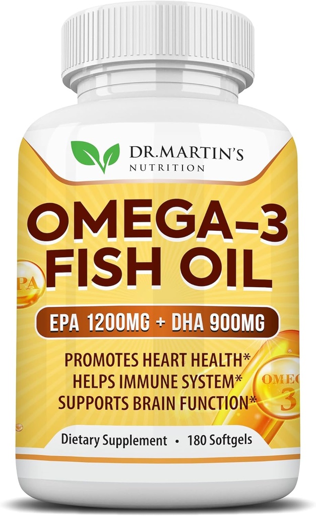 Omega 3 Fish Oil 3750mg Triple Strength | EPA 1200mg + DHA 900mg Fatty Acids | Fish Oil Omega 3 Supplement | Promotes Healthy Heart, Immune System, Eyes, Skin & Brain Function | 180 Burpless Softgels