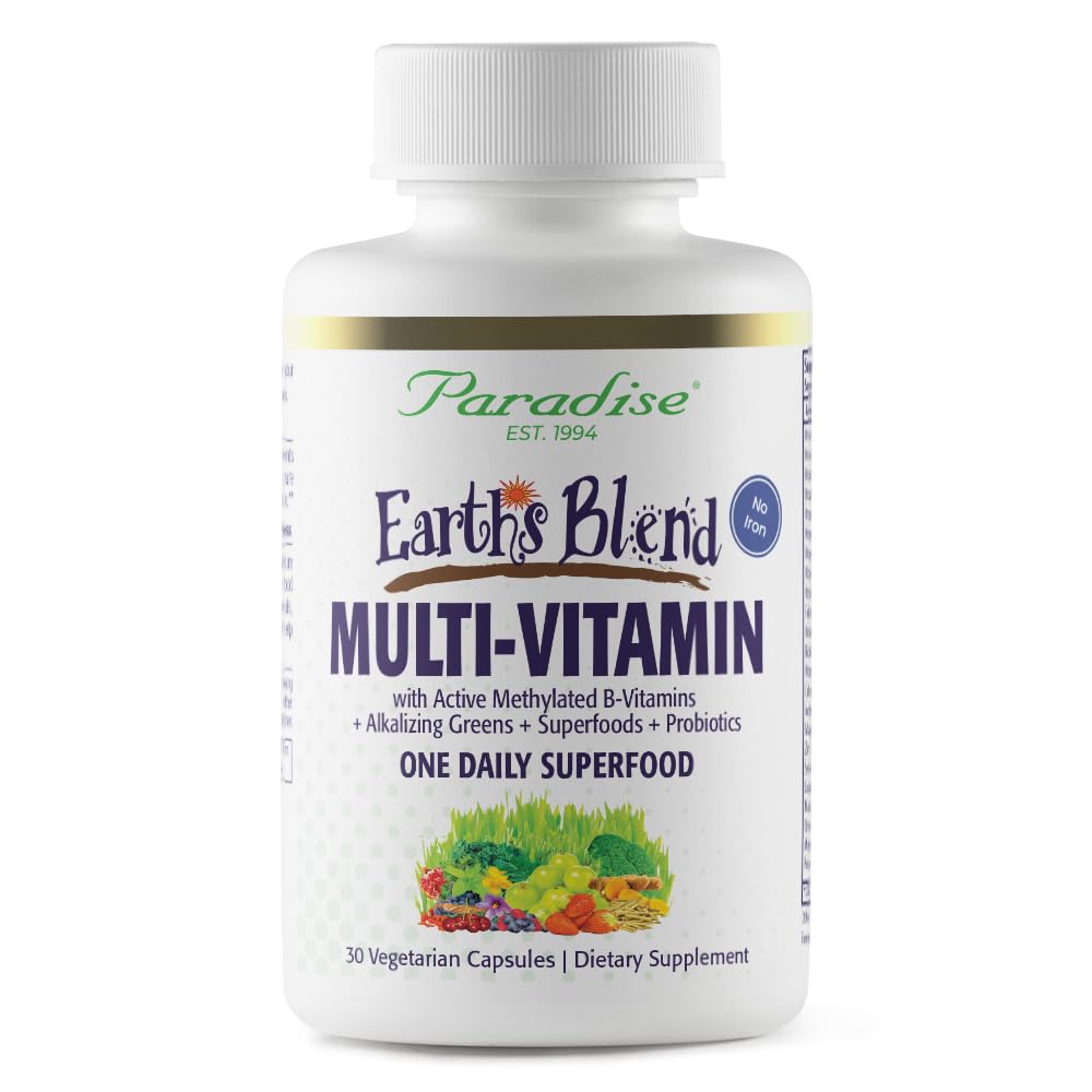 Paradise Herbs Earth's בלנדר יומית Multivitamin עבור גברים, לא ברזל, 48 מזונות אורגניים, Probiotics, Antioxidants, ויטמין A, B12, C, D, K2, Count 30