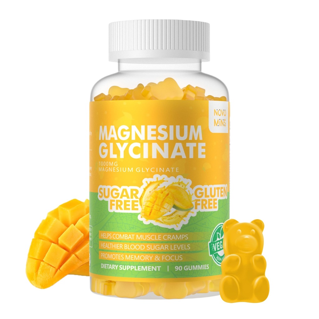 90 CT Magnesium Glycinate חניכיים 1000 מ"ג - סוכר חינם Magnesium Potassium תוספת עם ויטמין D, B6, CoQ10 עבור Calm Mood & Sleep Support - 90 מנגו Pineapplemies