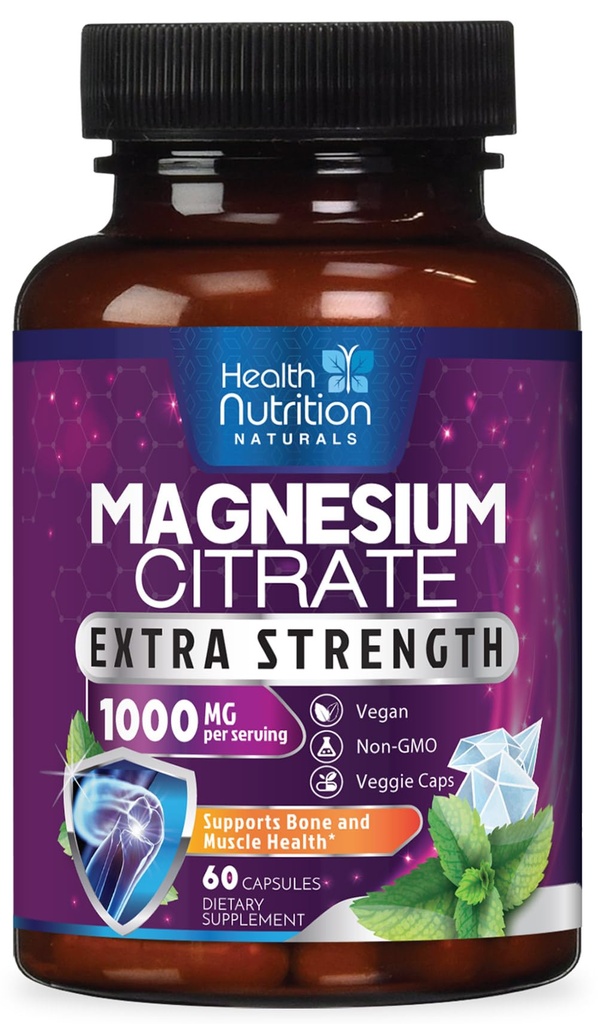 Magnesium Citrate קפסולות 1000 מ"ג - Max Absorption Magnesium אבקה עבור שריר, Nerve, Bone and Heart Health Support, High Absorption Citrate Complex, Gluten Free, non-GMO - 60 קפסולות